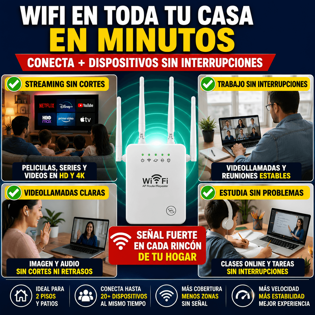 Repetidor WiFi Dual Band de 4 Antenas
