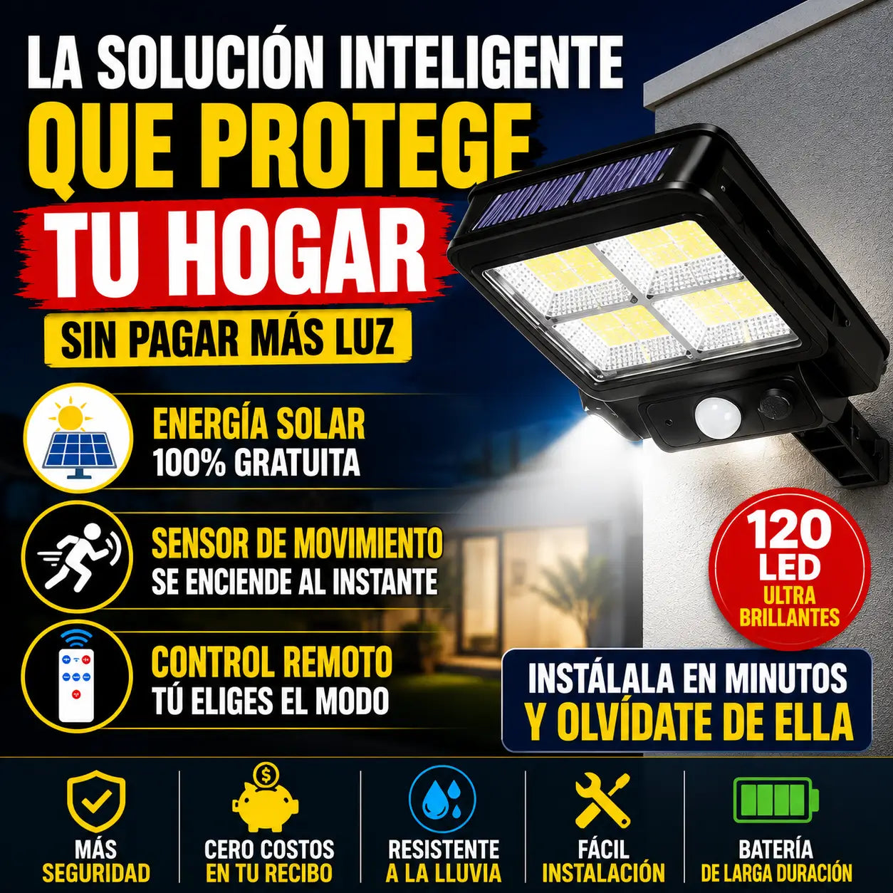 Lámpara Solar LED con Sensor de Movimiento y Control Remoto