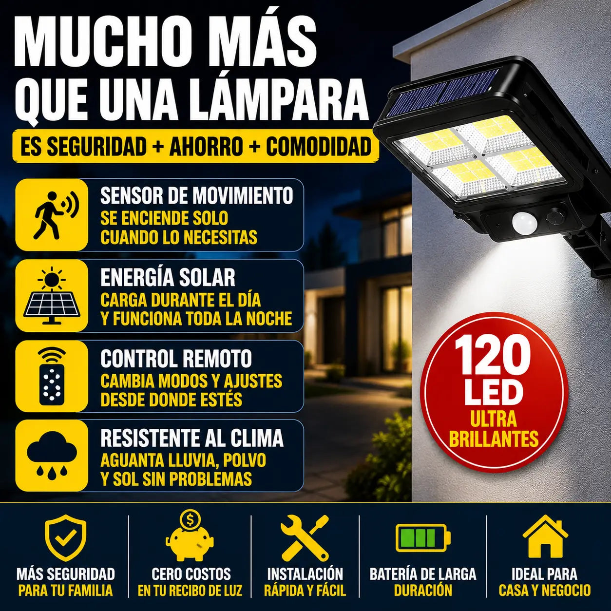 Lámpara Solar LED con Sensor de Movimiento y Control Remoto