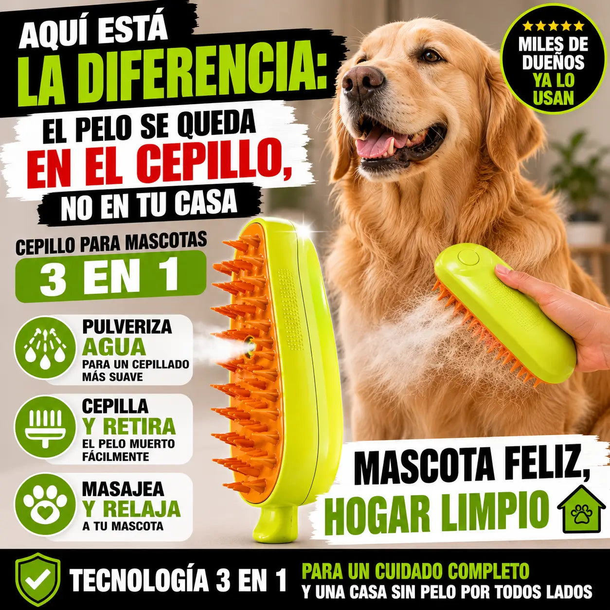 Cepillo Pulverizador 3 en 1 para Mascotas