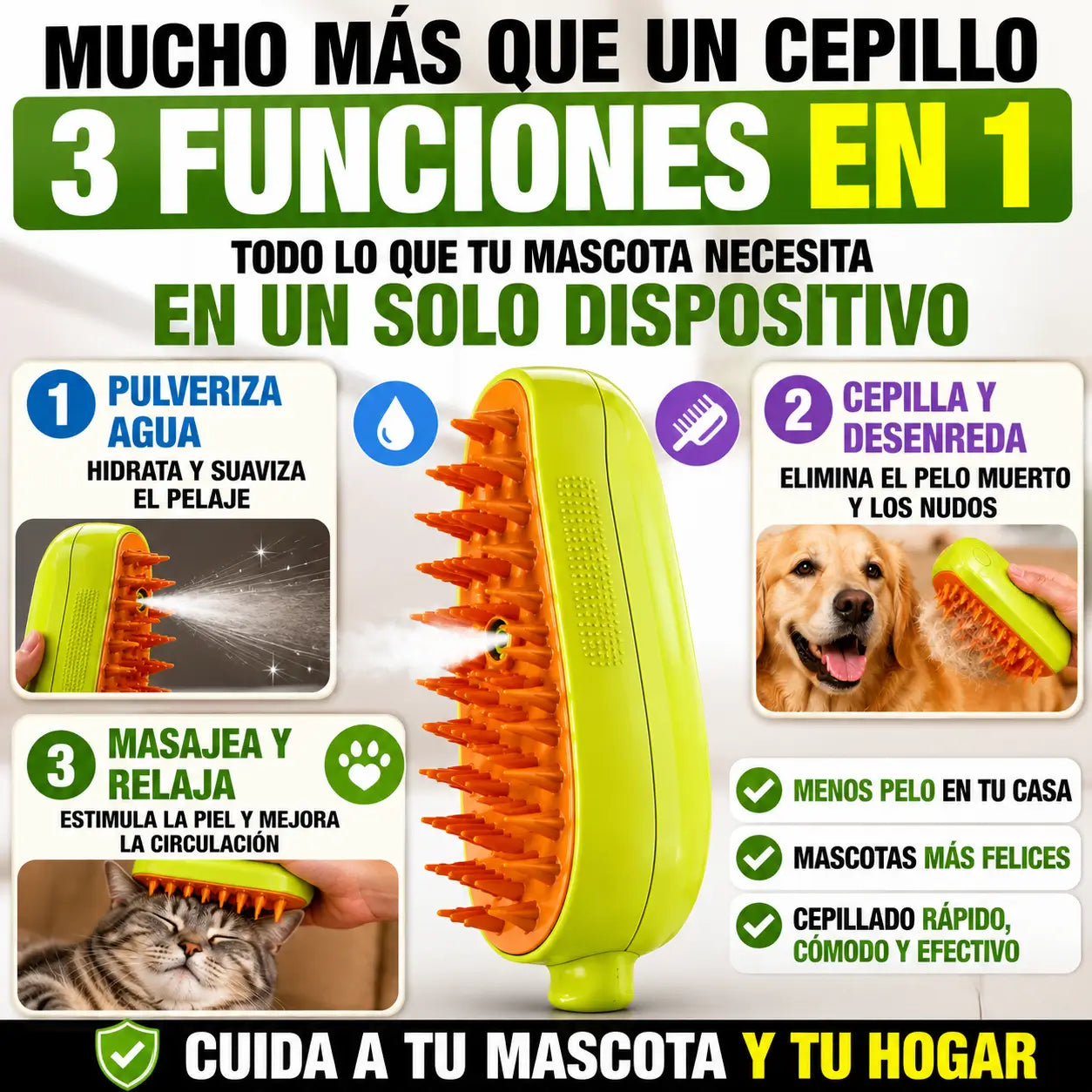 Cepillo Pulverizador 3 en 1 para Mascotas