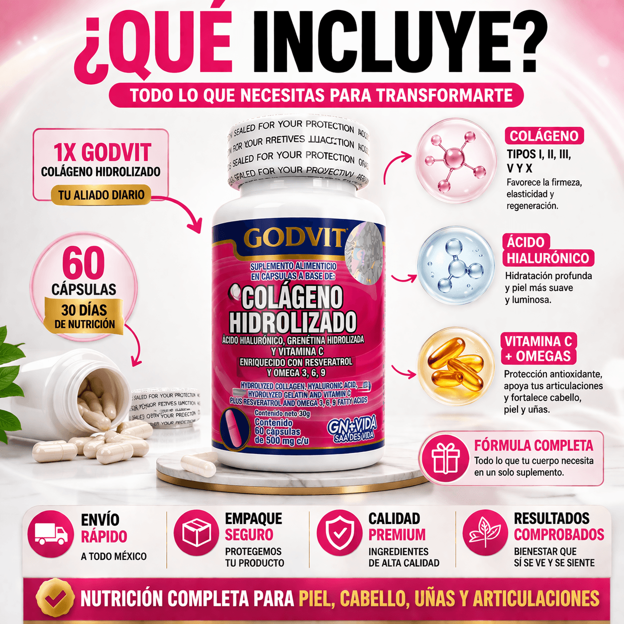 Colágeno Hidrolizado Multi-Tipo GODVITA - 60 Capsulas