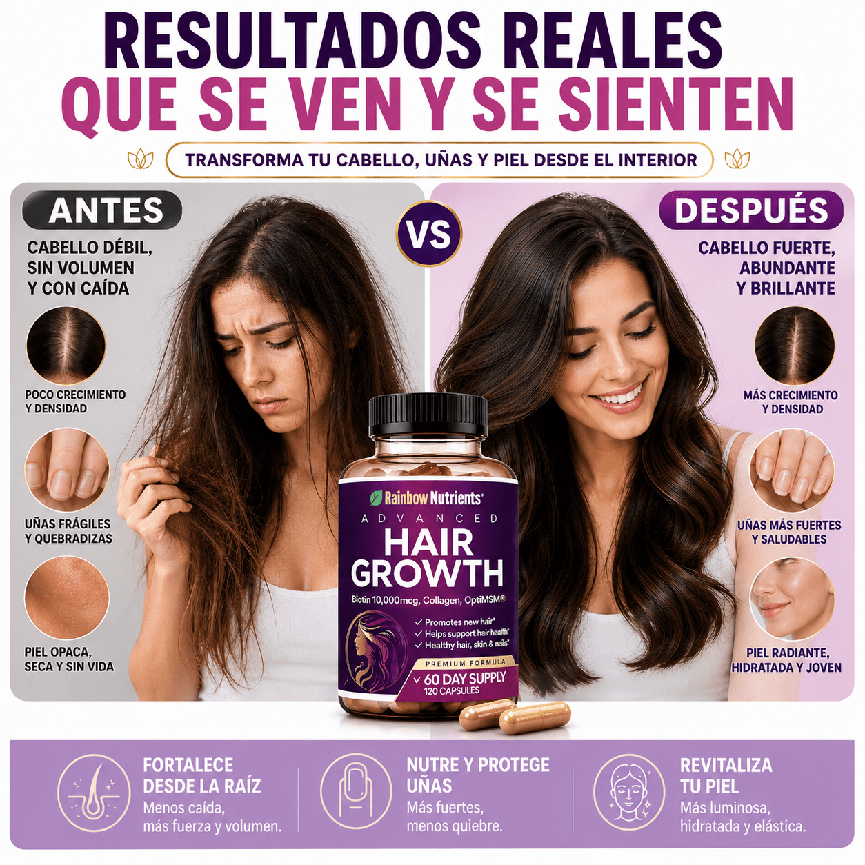 Rainbow Nutrients™   Vitaminas para Cabello, Piel y Uñas 120 capsulas