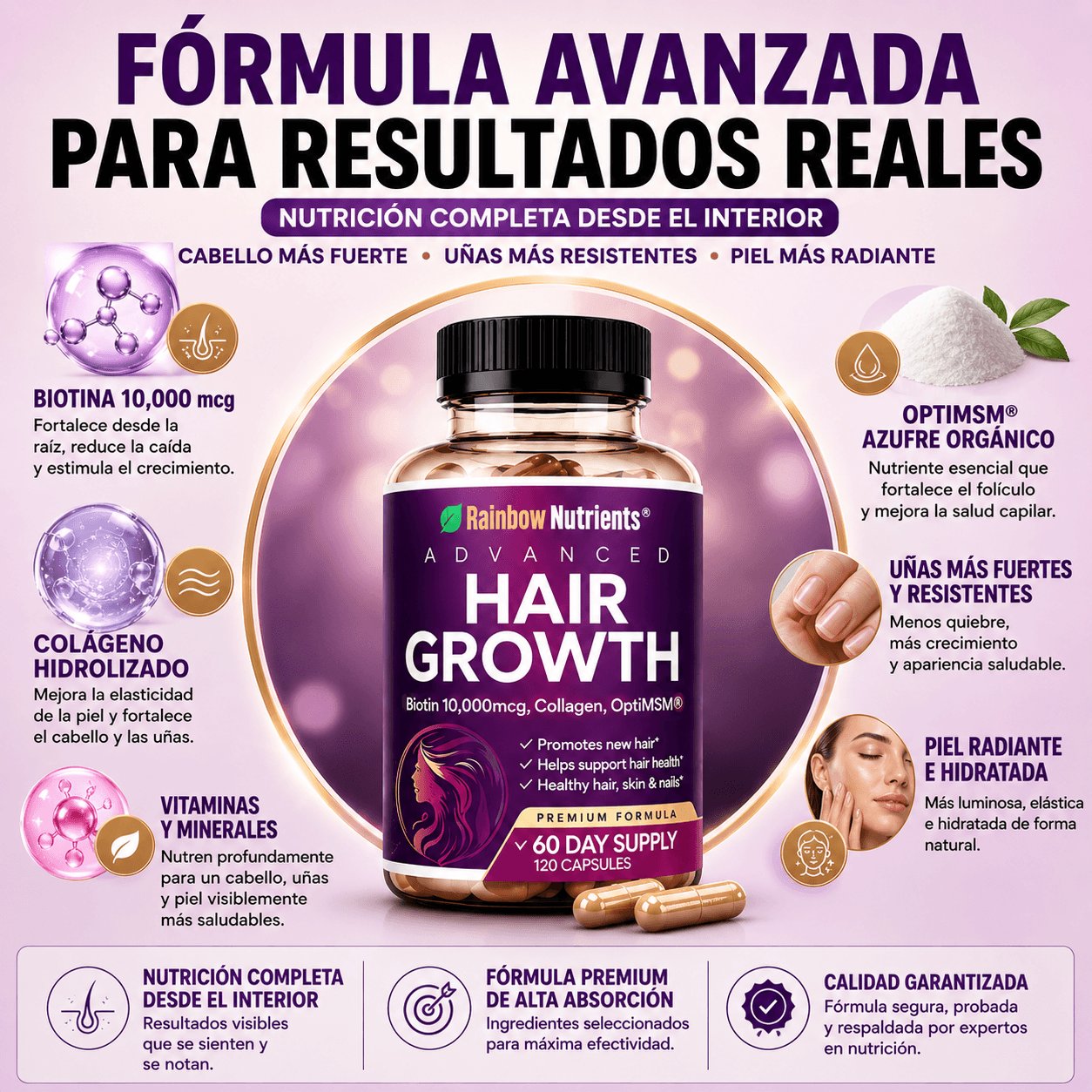 Rainbow Nutrients™   Vitaminas para Cabello, Piel y Uñas 120 capsulas