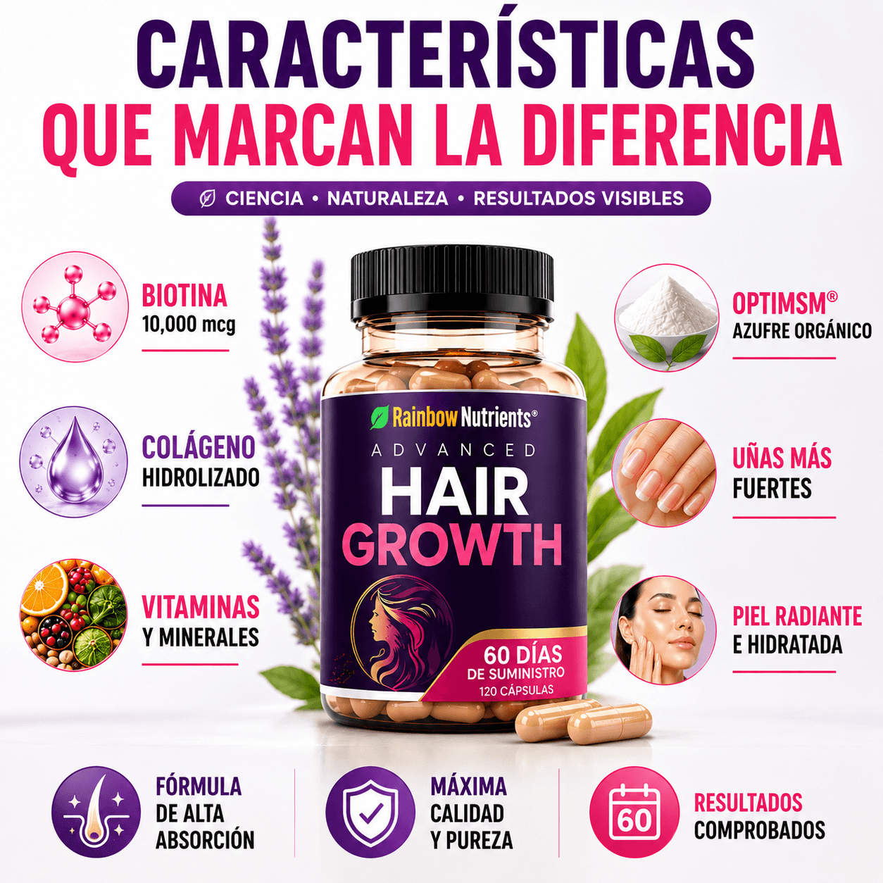 Rainbow Nutrients™   Vitaminas para Cabello, Piel y Uñas 120 capsulas