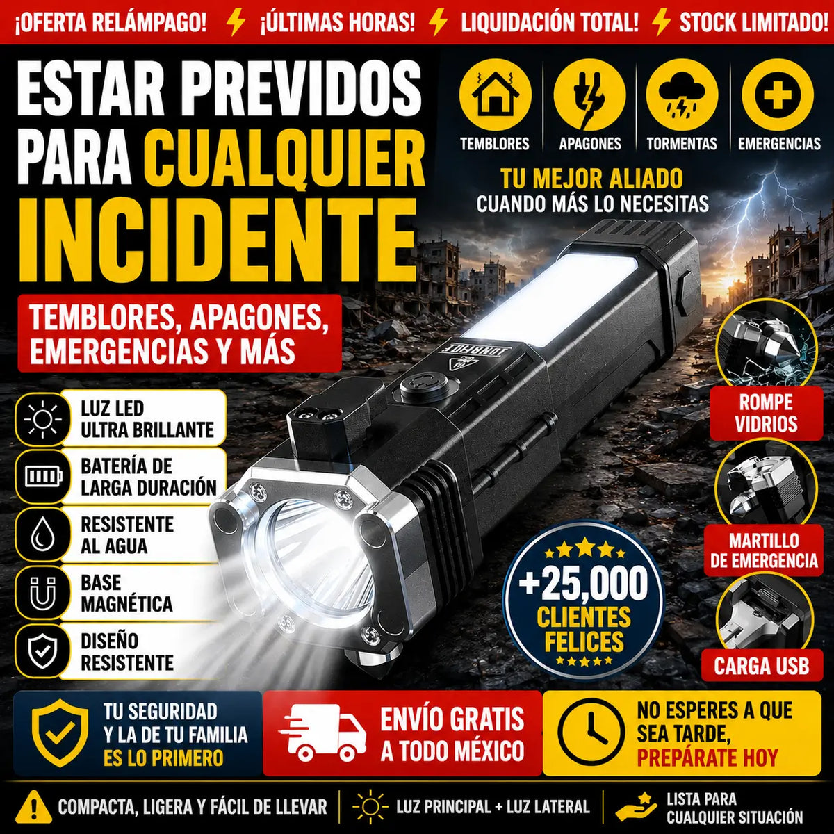 Linterna Multifuncional con Martillo y Power Bank