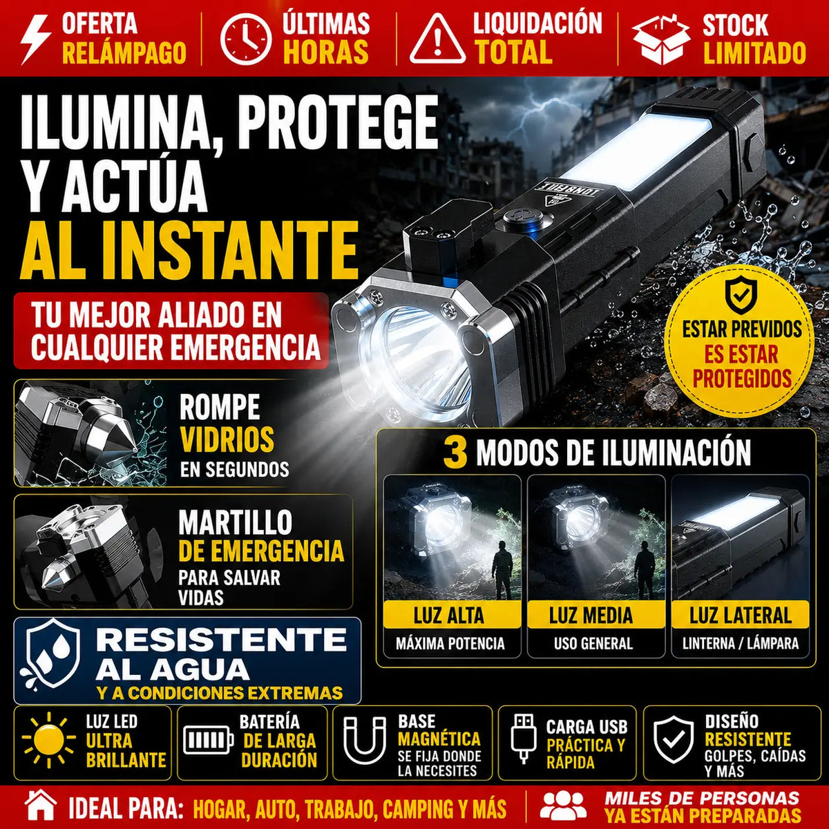 Linterna Multifuncional con Martillo y Power Bank