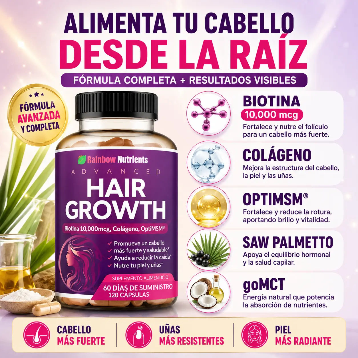 Rainbow Nutrients™   Vitaminas para Cabello, Piel y Uñas 120 capsulas