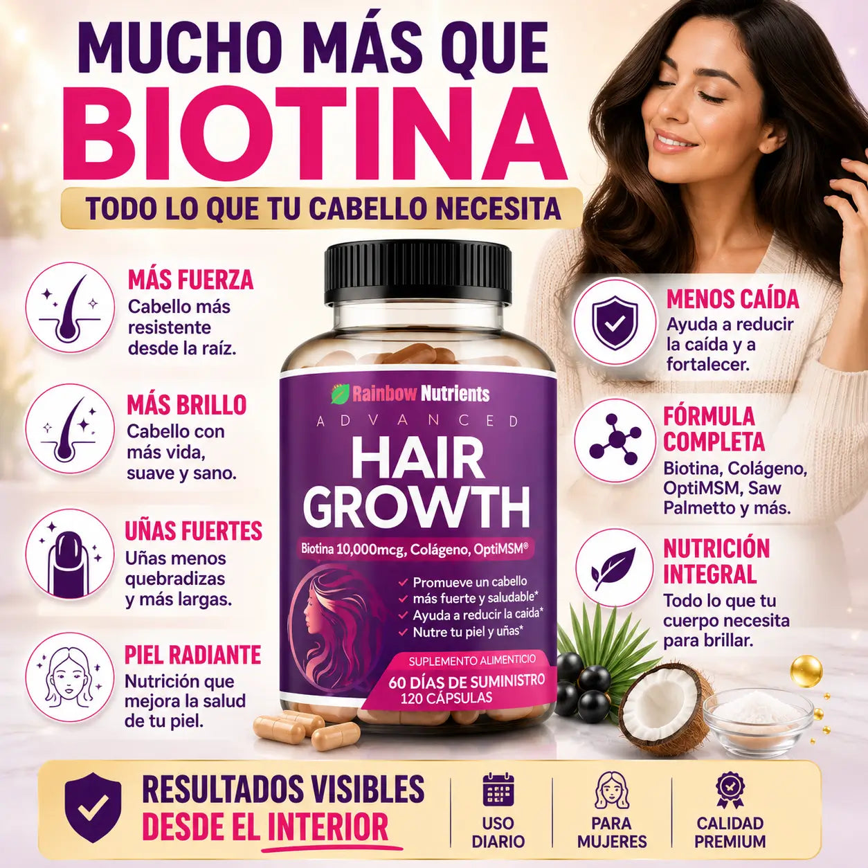Rainbow Nutrients™   Vitaminas para Cabello, Piel y Uñas 120 capsulas