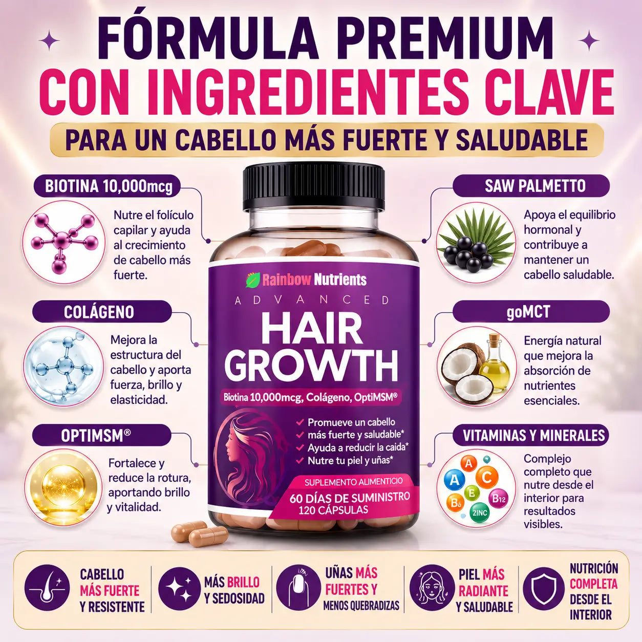 Rainbow Nutrients™   Vitaminas para Cabello, Piel y Uñas 120 capsulas