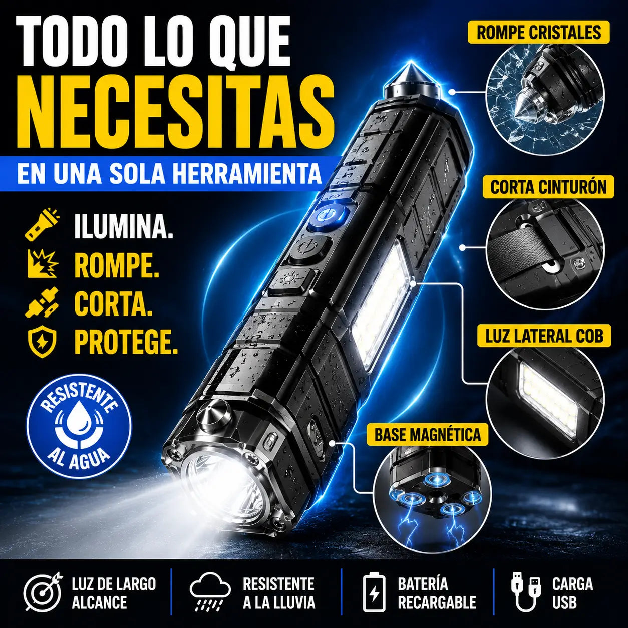 Linterna Multifuncional con Martillo y Power Bank