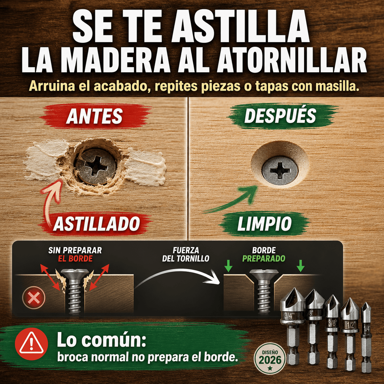 Juego de Brocas Avellanadoras de Acero para Madera