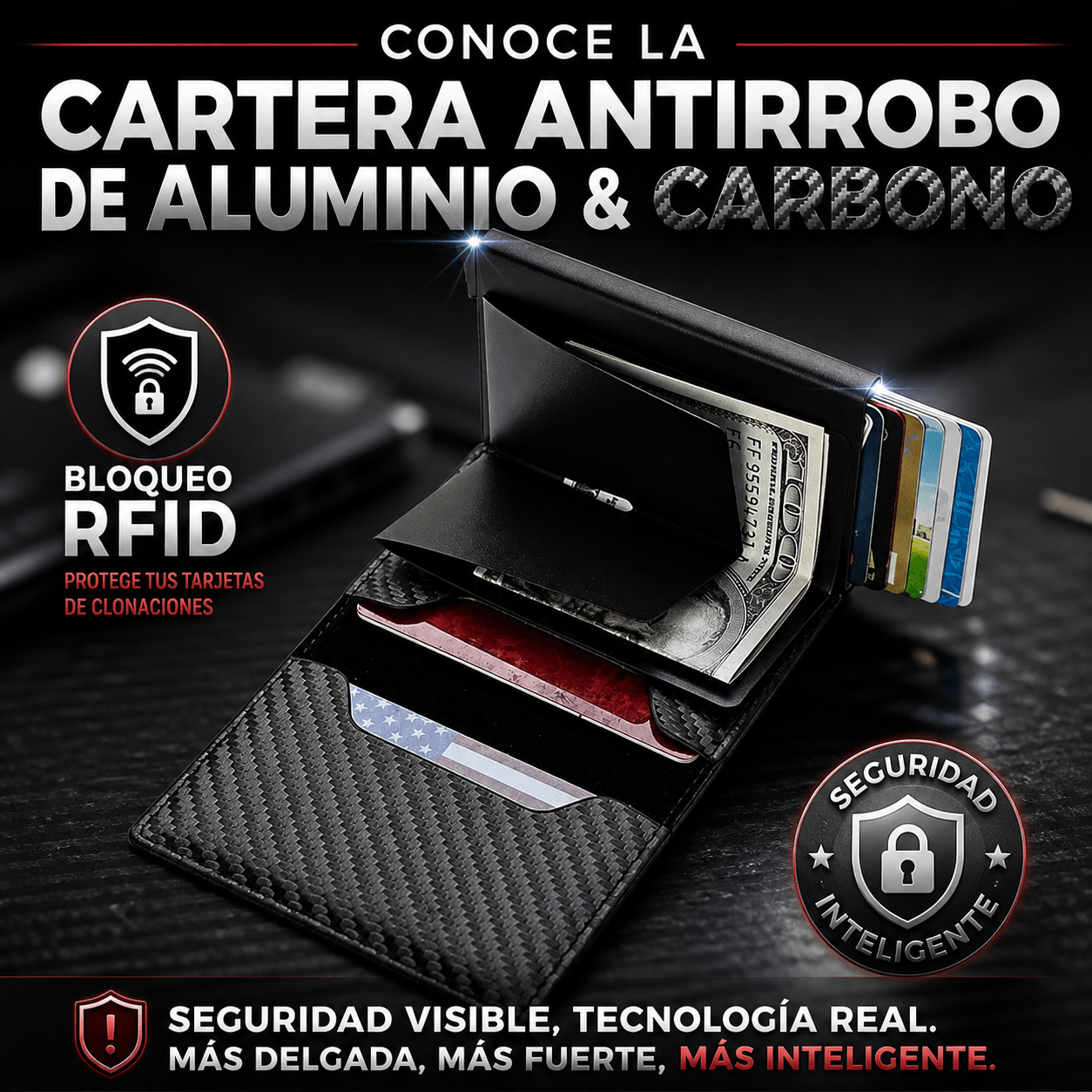 Cartera de Aluminio y Fibra de Carbono Antirrobo