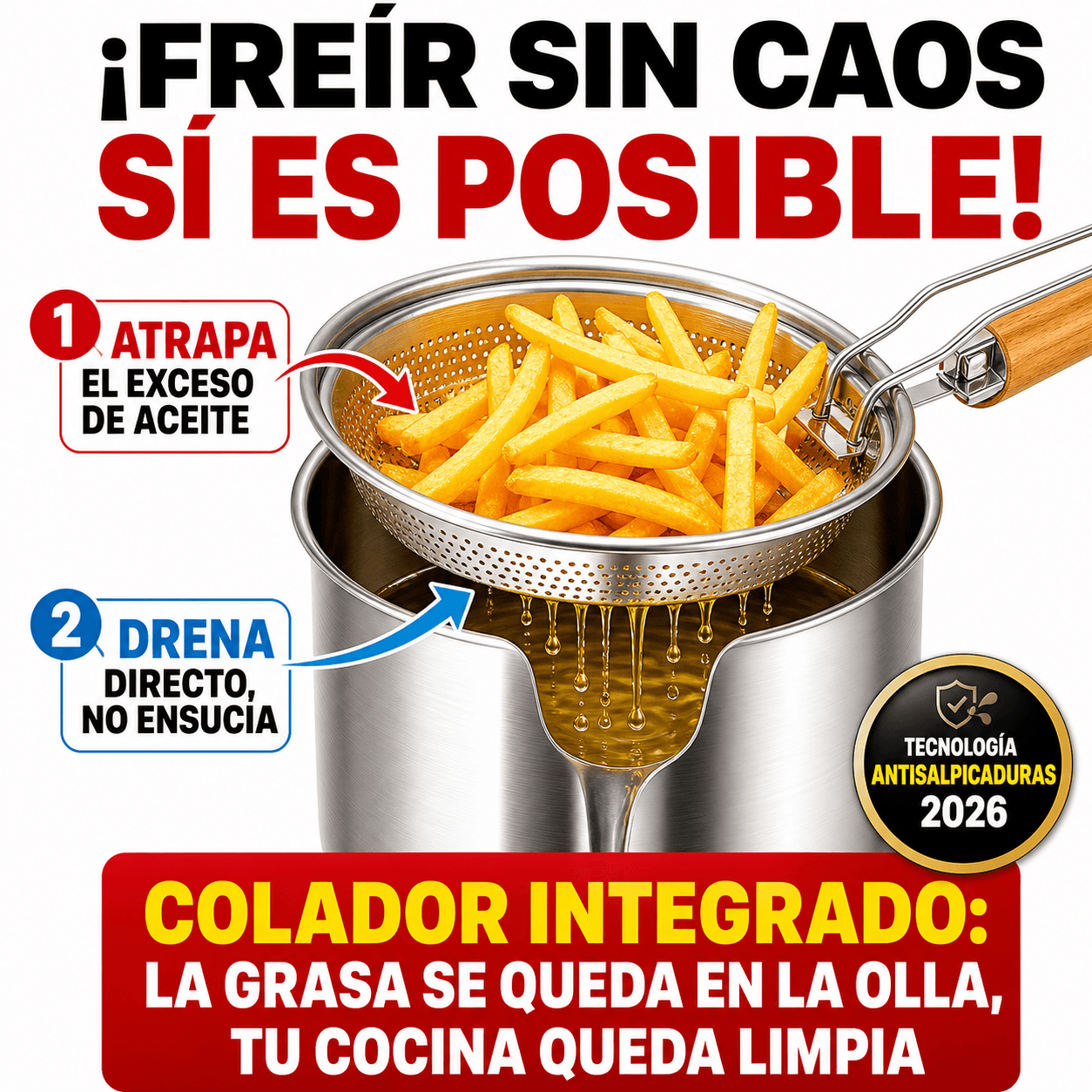 Olla con Colador Acero Inoxidable Antiadherente