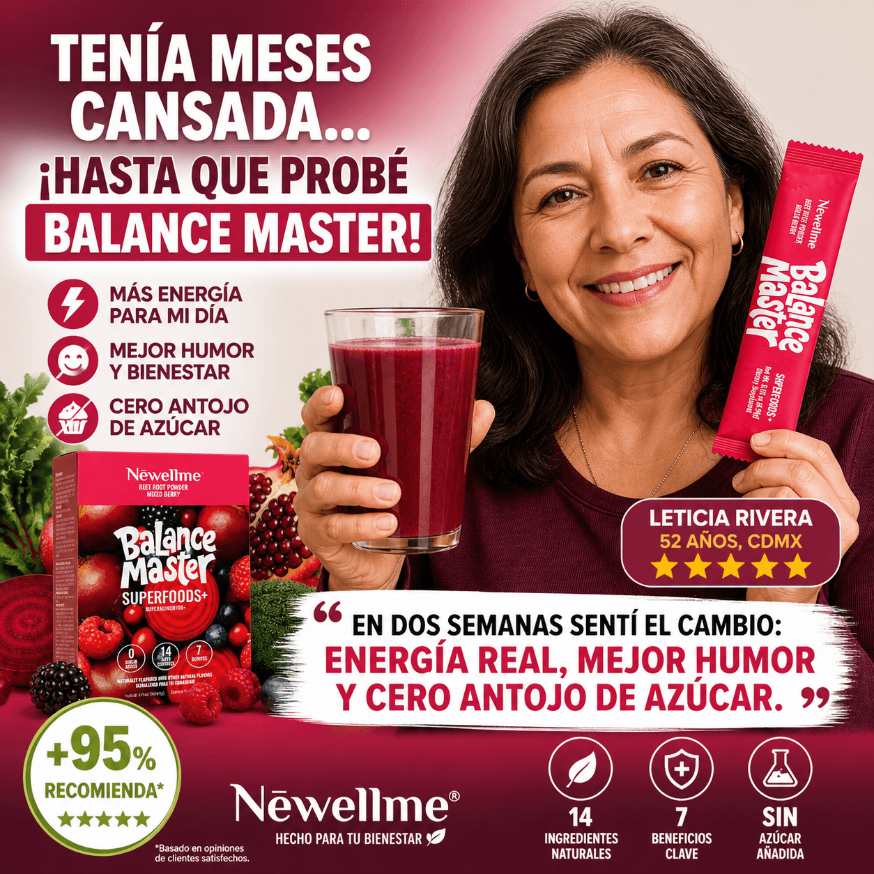 Newellme® Polvo de Superalimentos Mezcla de Bayas 14 Sobres